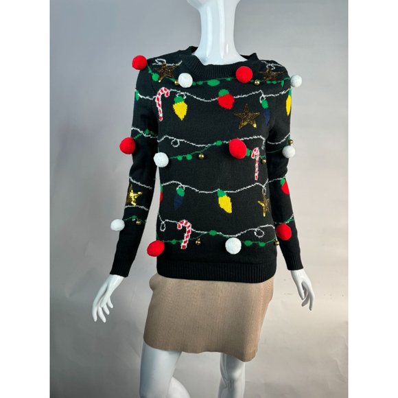 No Boundaries Christmas Garland and Light Sweater Small Black Acrylic - Picture 7 of 16